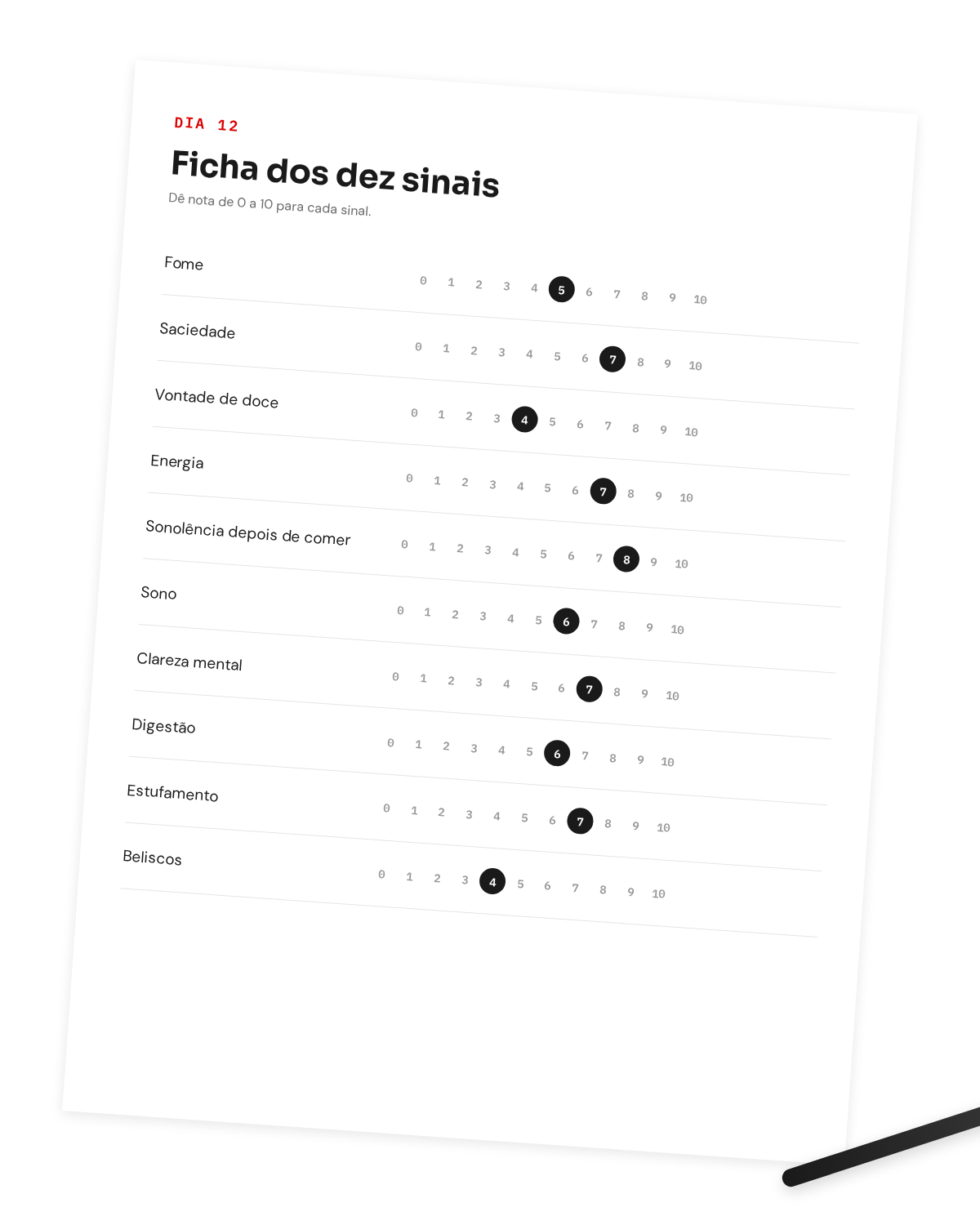 Ficha do Dia 12 com as notas dos mesmos dez sinais