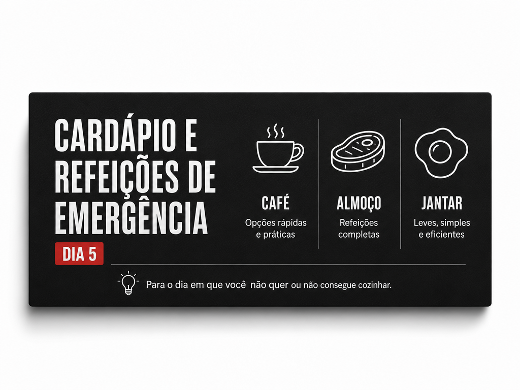 Mockup do cardápio e refeições de emergência do Dia 5