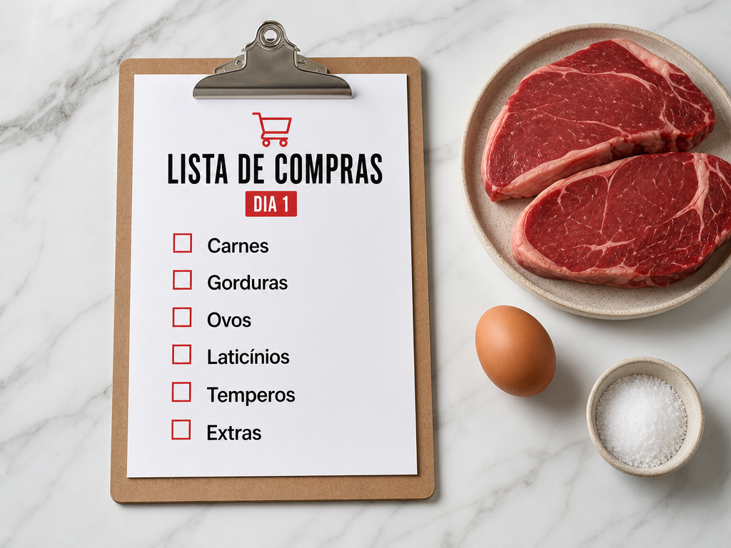 Mockup da lista de compras do Dia 1 em uma prancheta